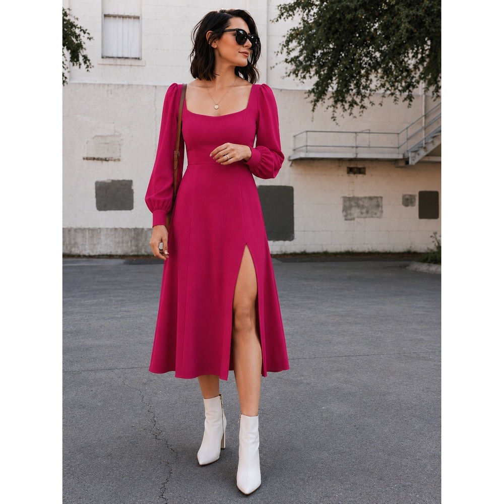 Julia Jordan Magenta Midi Dress NWT Sz 8 Puff Long Sleeve Cocktail Semi-Formal